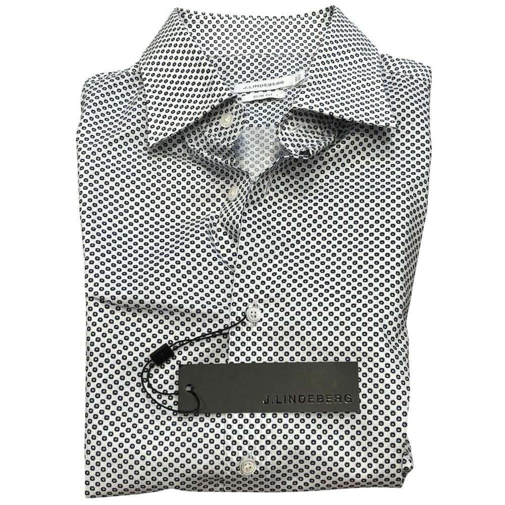 J.Lindeberg Slim Fit Long Sleeve Size 40 15 3/4 [M] White Blue Micro Medallion - Picture 3 of 8